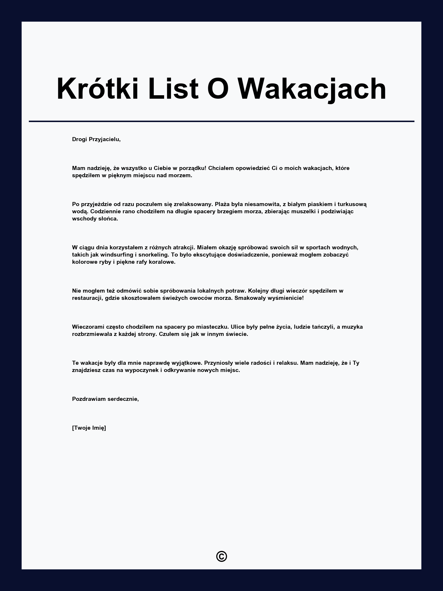 Krótki List O Wakacjach