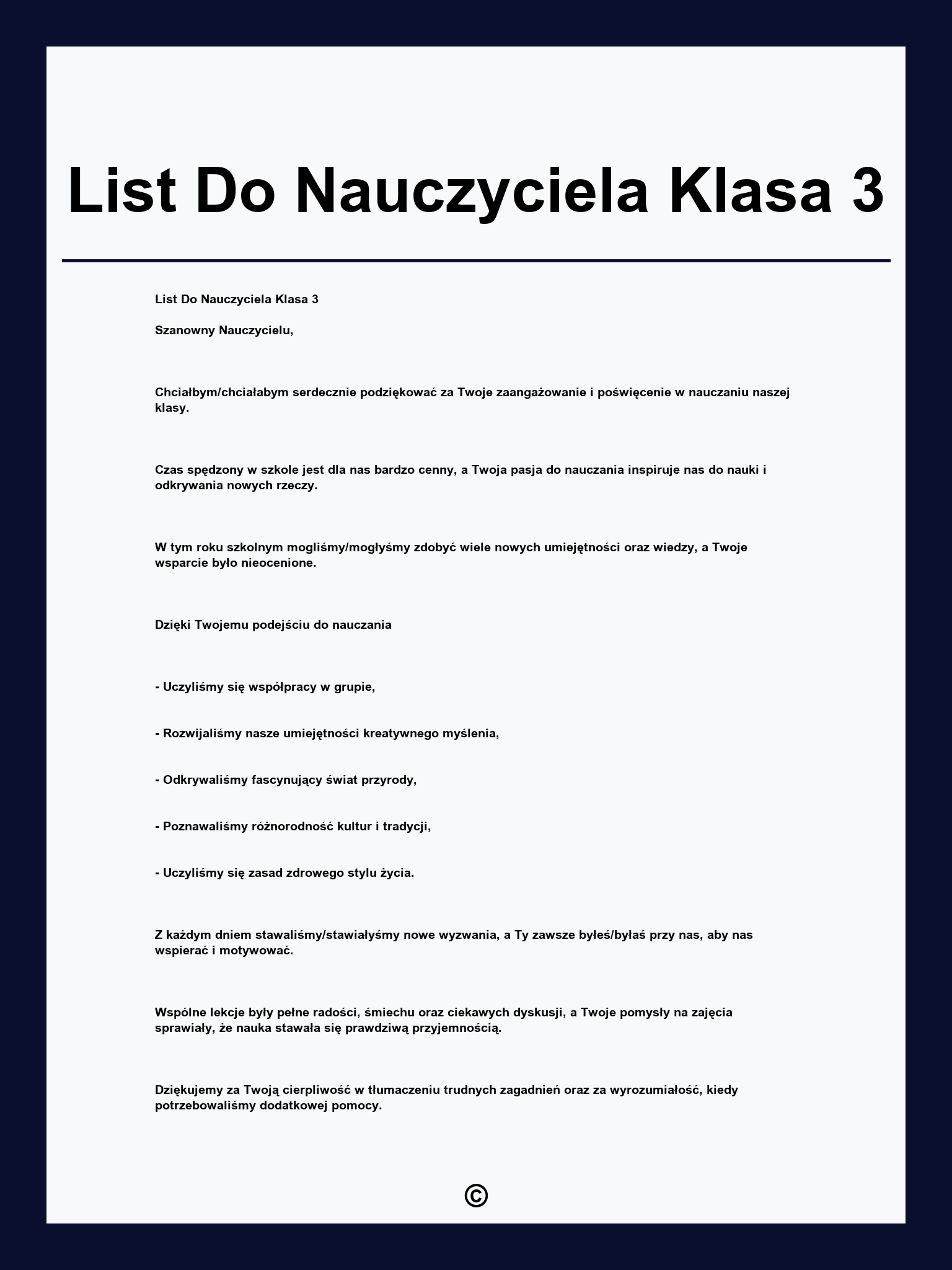 List Do Nauczyciela Klasa 3