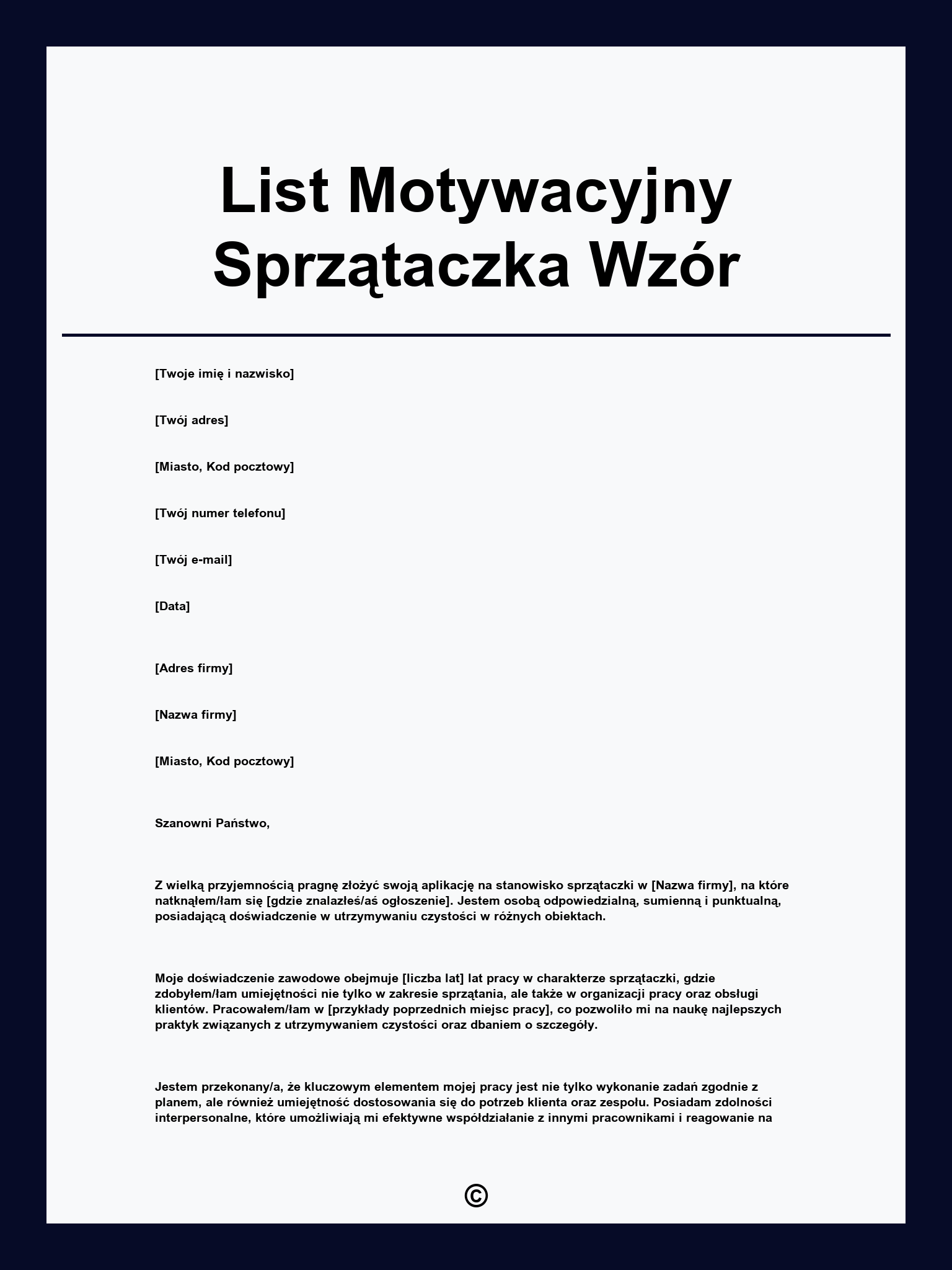 List Motywacyjny Sprzątaczka Wzór