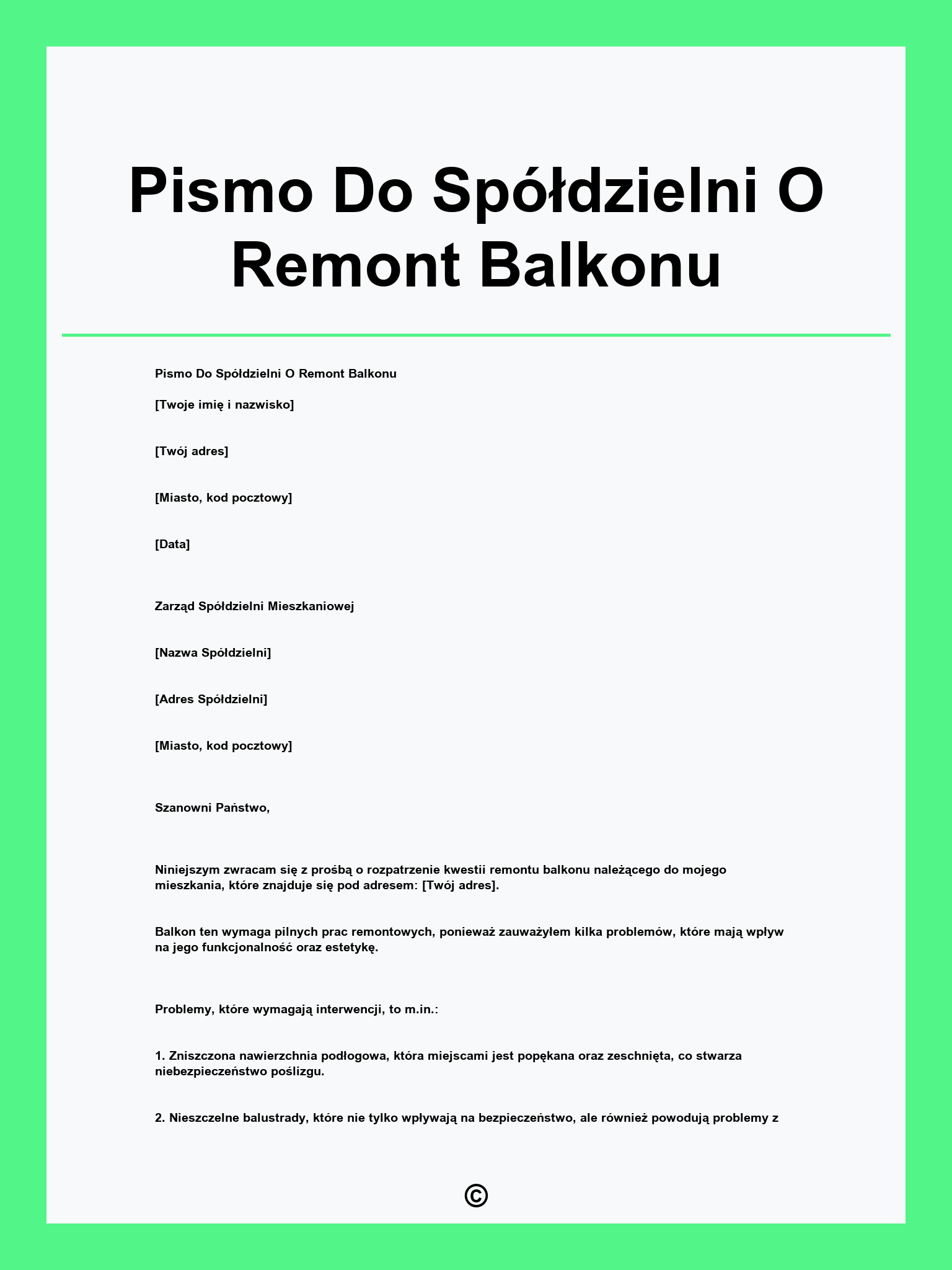 Pismo Do Spółdzielni O Remont Balkonu