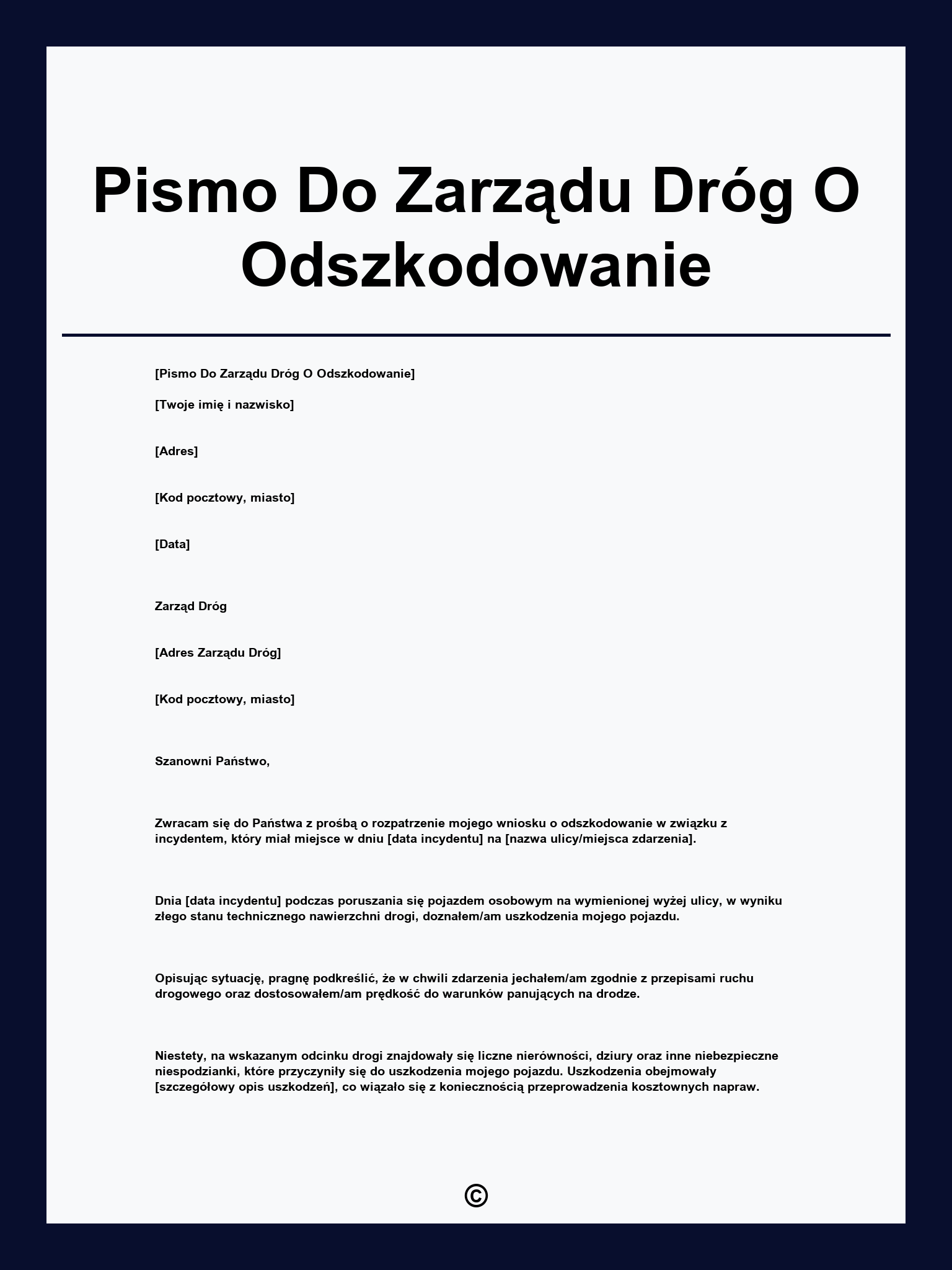 Pismo Do Zarządu Dróg O Odszkodowanie