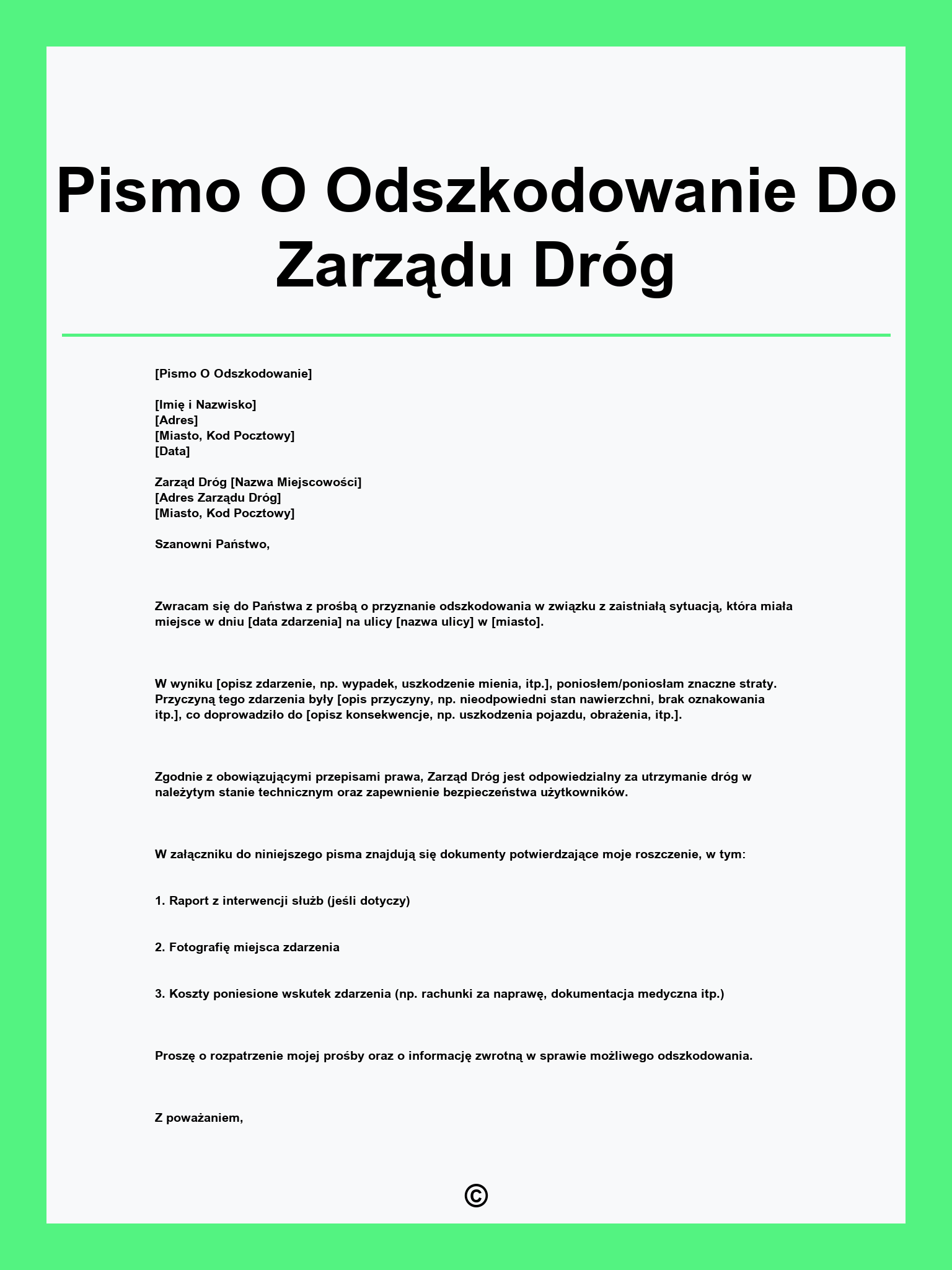 Pismo O Odszkodowanie Do Zarządu Dróg